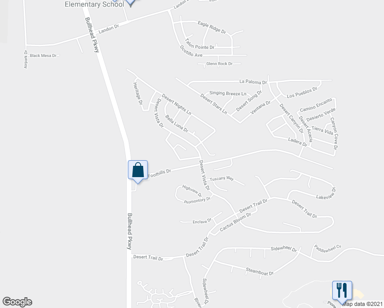 map of restaurants, bars, coffee shops, grocery stores, and more near 2713 Desert Flowers Drive in Bullhead City