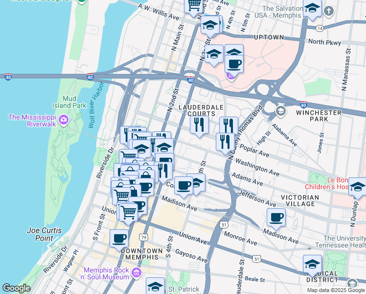 map of restaurants, bars, coffee shops, grocery stores, and more near 193 Washington Avenue in Memphis