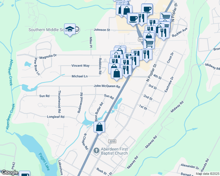 map of restaurants, bars, coffee shops, grocery stores, and more near 305 John McQueen Road in Aberdeen