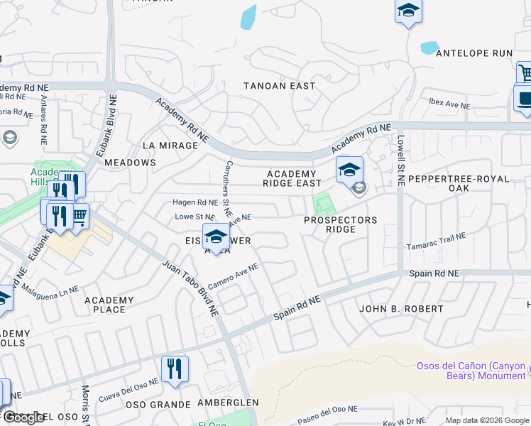map of restaurants, bars, coffee shops, grocery stores, and more near 11101 Kielich Avenue Northeast in Albuquerque