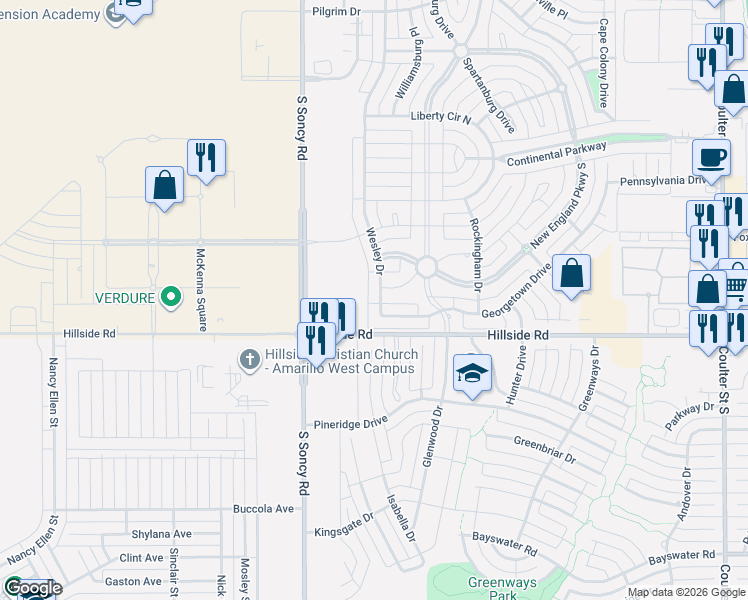 map of restaurants, bars, coffee shops, grocery stores, and more near Hillside Road in Amarillo