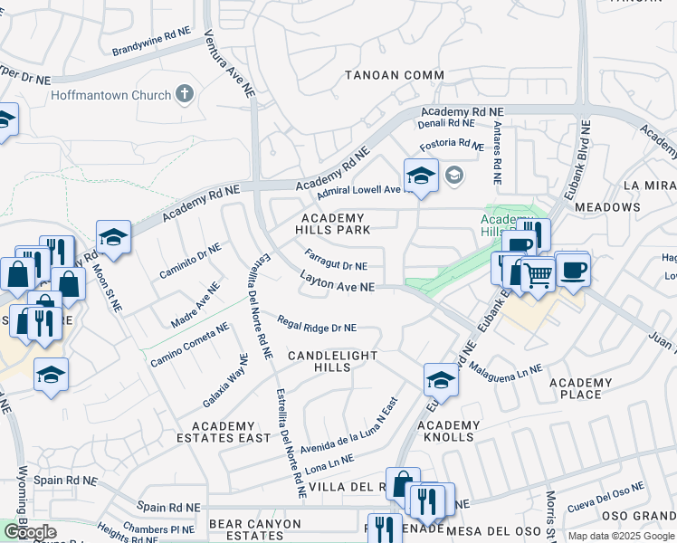 map of restaurants, bars, coffee shops, grocery stores, and more near 9412 Farragut Drive Northeast in Albuquerque