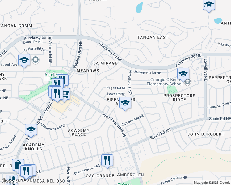 map of restaurants, bars, coffee shops, grocery stores, and more near 10733 Lowe Street Northeast in Albuquerque