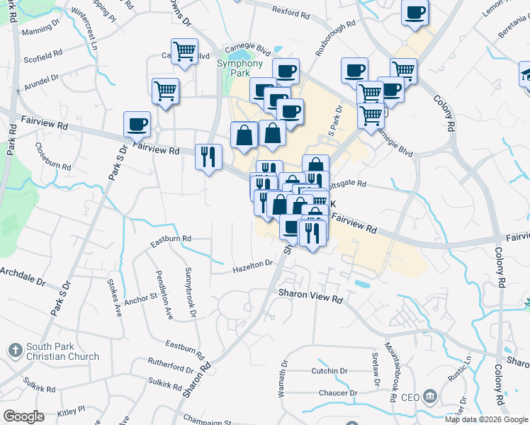 map of restaurants, bars, coffee shops, grocery stores, and more near 4732 Sharon Road in Charlotte