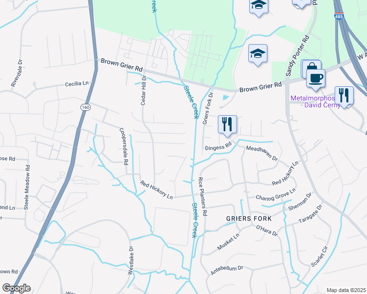 map of restaurants, bars, coffee shops, grocery stores, and more near 11632 Larix Drive in Charlotte