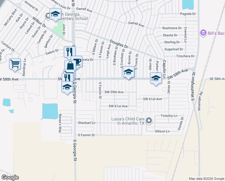 map of restaurants, bars, coffee shops, grocery stores, and more near 5812 South Bonham Street in Amarillo