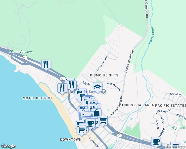 map of restaurants, bars, coffee shops, grocery stores, and more near 900 Wadsworth Avenue in Pismo Beach