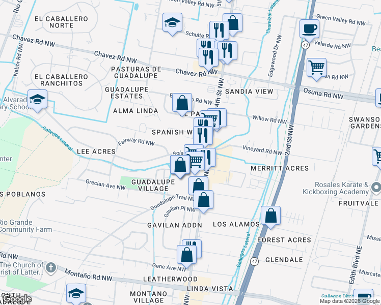 map of restaurants, bars, coffee shops, grocery stores, and more near 6201 Sabre Court Northwest in Albuquerque