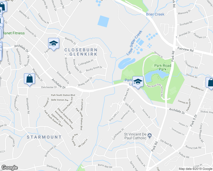 map of restaurants, bars, coffee shops, grocery stores, and more near 2615 Archdale Drive in Charlotte