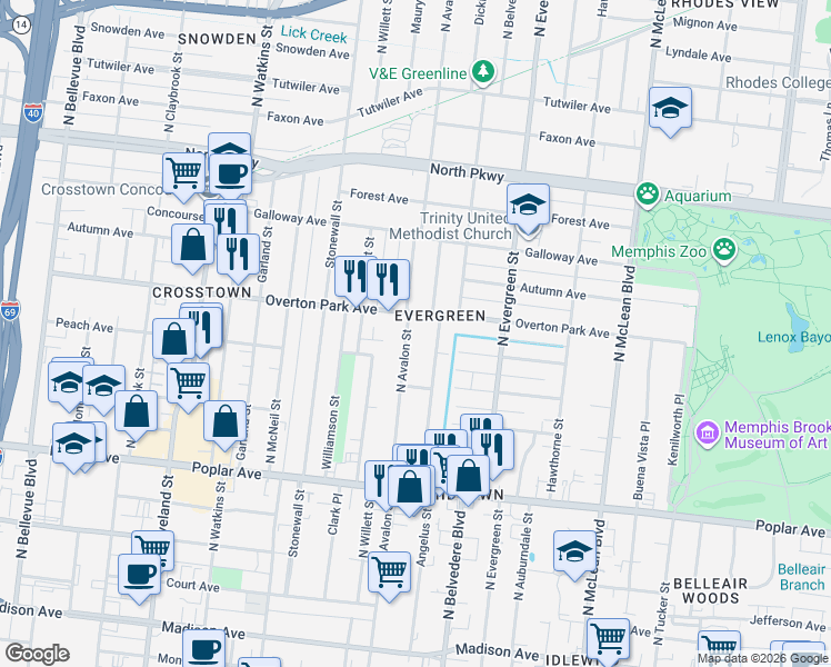 map of restaurants, bars, coffee shops, grocery stores, and more near 360 North Avalon Street in Memphis