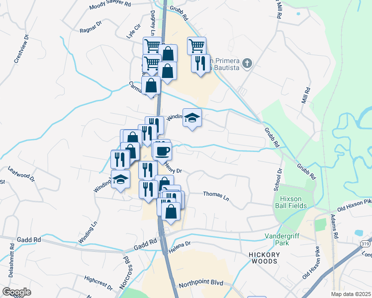 map of restaurants, bars, coffee shops, grocery stores, and more near 1158 Towne Hills Drive in Chattanooga