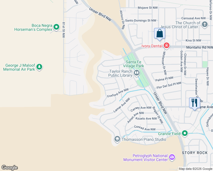 map of restaurants, bars, coffee shops, grocery stores, and more near 7314 Minehead Street Northwest in Albuquerque