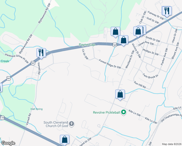 map of restaurants, bars, coffee shops, grocery stores, and more near 281 Courtland Crest Drive Southwest in Cleveland