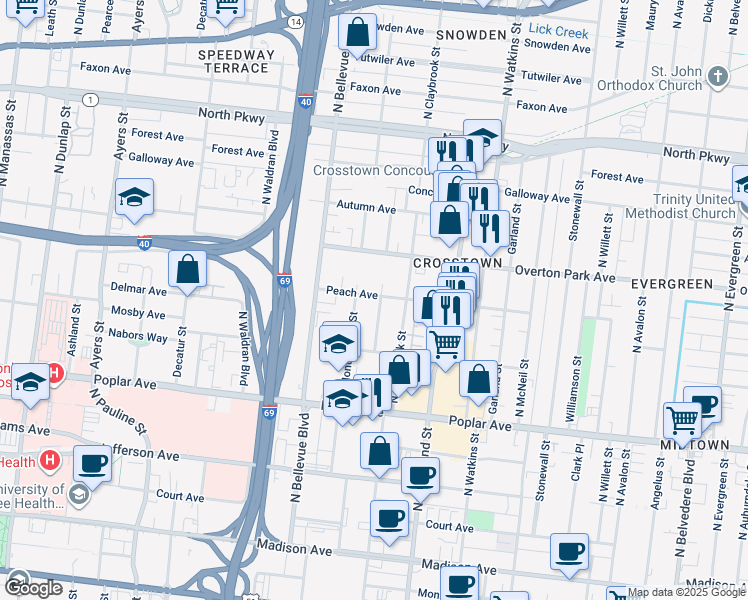 map of restaurants, bars, coffee shops, grocery stores, and more near 325 Malvern Street in Memphis