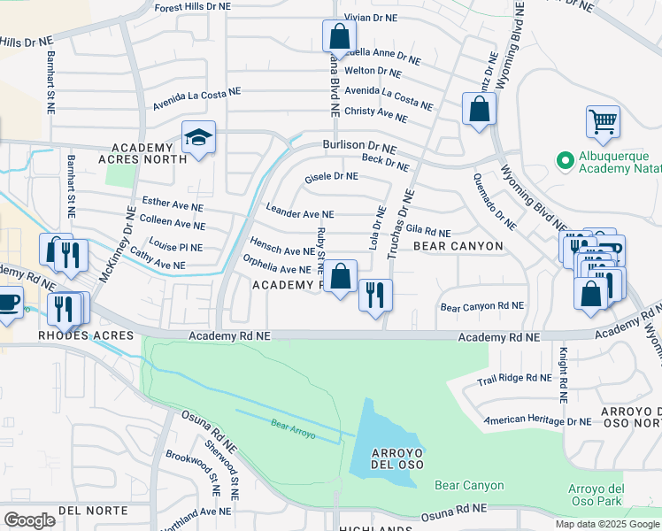 map of restaurants, bars, coffee shops, grocery stores, and more near 6805 Orphelia Avenue Northeast in Albuquerque