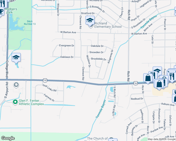 map of restaurants, bars, coffee shops, grocery stores, and more near 200 Windsor Drive in West Memphis