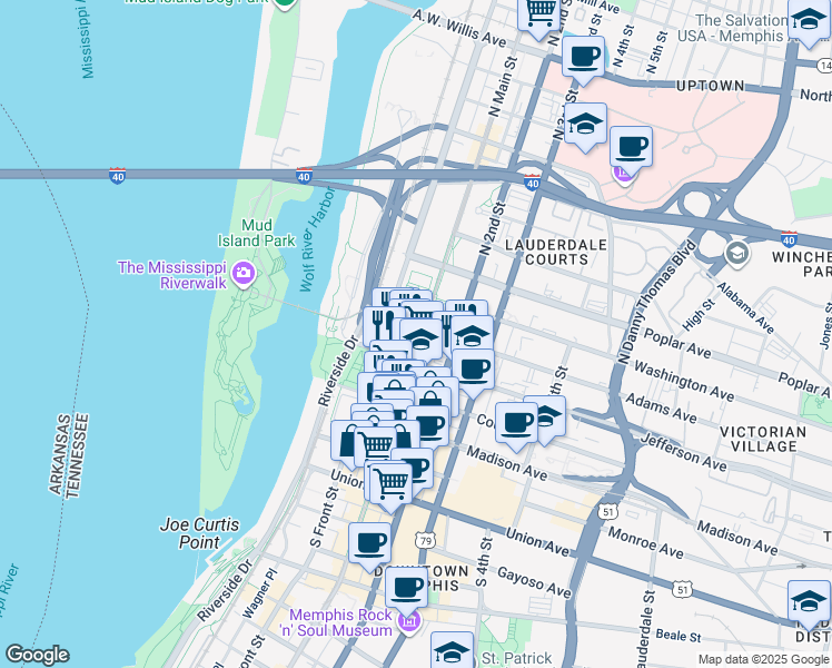 map of restaurants, bars, coffee shops, grocery stores, and more near in Memphis