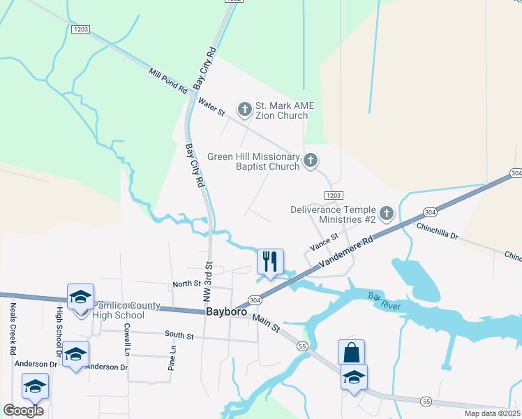 map of restaurants, bars, coffee shops, grocery stores, and more near 105 Farnell Street in Bayboro