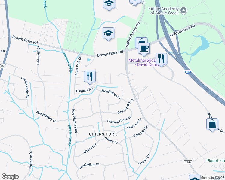map of restaurants, bars, coffee shops, grocery stores, and more near 12101 Meadhaven Drive in Charlotte