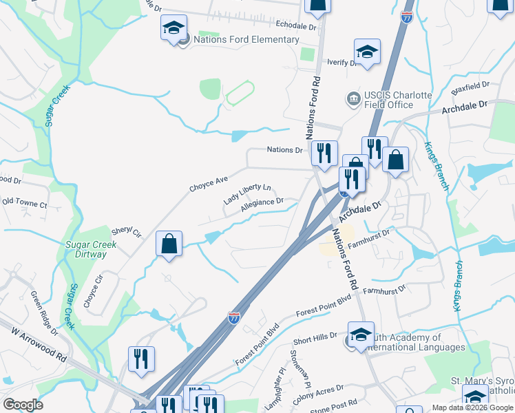 map of restaurants, bars, coffee shops, grocery stores, and more near 1135 Allegiance Drive in Charlotte