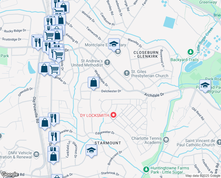 map of restaurants, bars, coffee shops, grocery stores, and more near 1801 Delchester Drive in Charlotte