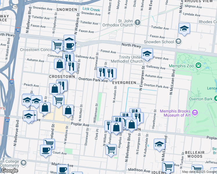 map of restaurants, bars, coffee shops, grocery stores, and more near 1568 Lake Pl in Memphis