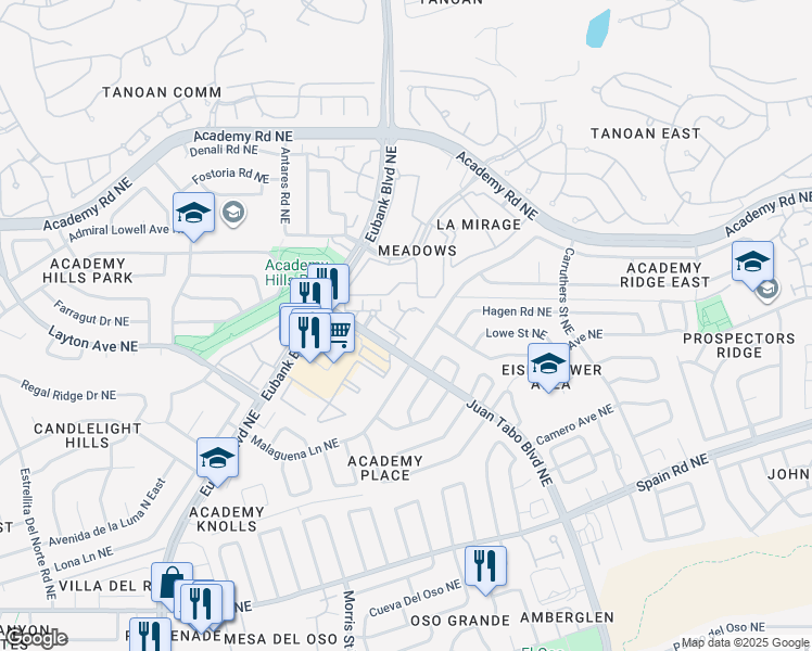 map of restaurants, bars, coffee shops, grocery stores, and more near 6000 Antigua Street Northeast in Albuquerque