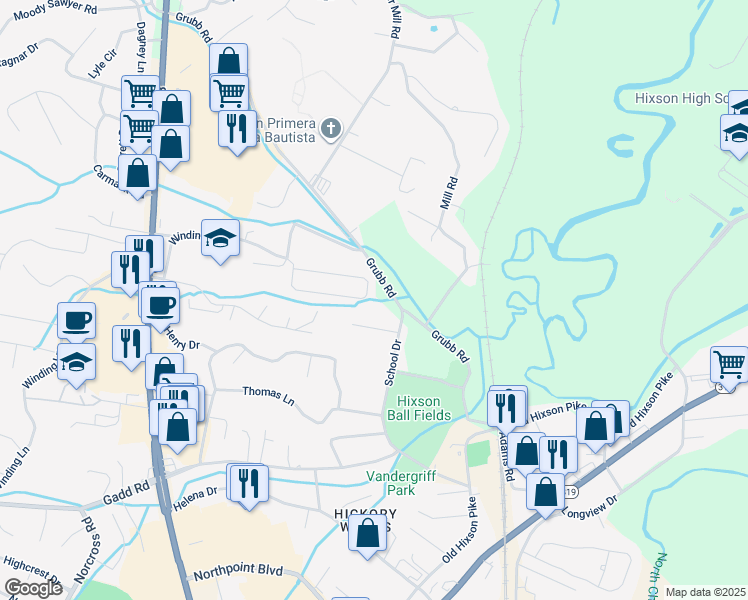 map of restaurants, bars, coffee shops, grocery stores, and more near 1511 Chase Meadows Circle in Chattanooga