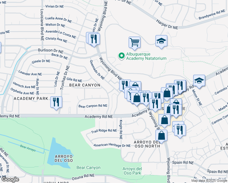 map of restaurants, bars, coffee shops, grocery stores, and more near 7608 La Madera Road Northeast in Albuquerque