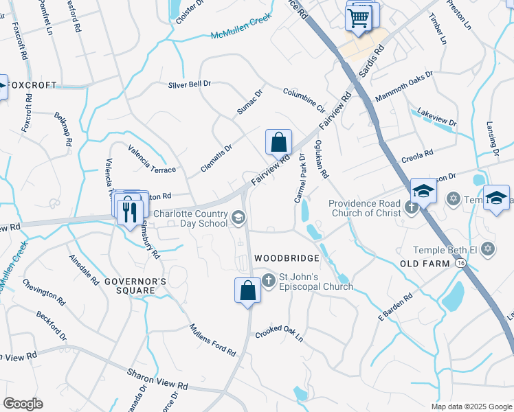 map of restaurants, bars, coffee shops, grocery stores, and more near 1415 Carmel Road in Charlotte