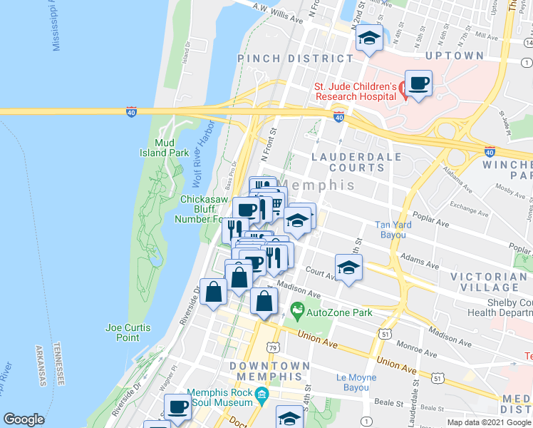 map of restaurants, bars, coffee shops, grocery stores, and more near in Memphis