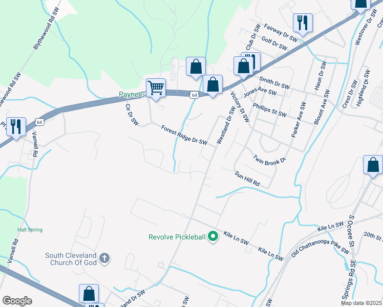 map of restaurants, bars, coffee shops, grocery stores, and more near 1807 Forest Ridge Drive Southwest in Cleveland