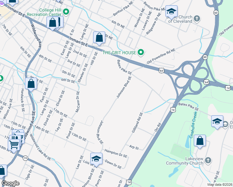 map of restaurants, bars, coffee shops, grocery stores, and more near 490 Johnson Boulevard Southeast in Cleveland