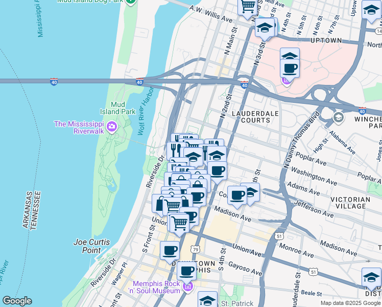 map of restaurants, bars, coffee shops, grocery stores, and more near 109 North Main Street in Memphis