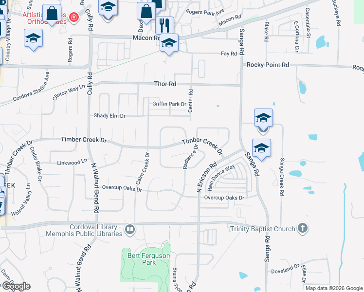 map of restaurants, bars, coffee shops, grocery stores, and more near 8595 Timber Creek Drive in Memphis