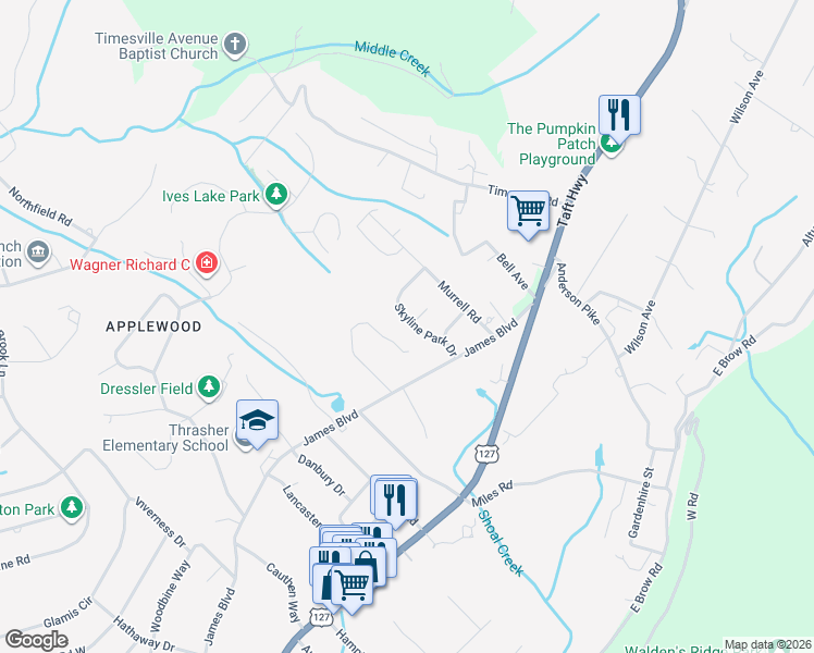 map of restaurants, bars, coffee shops, grocery stores, and more near 815 Skyline Park Drive in Signal Mountain