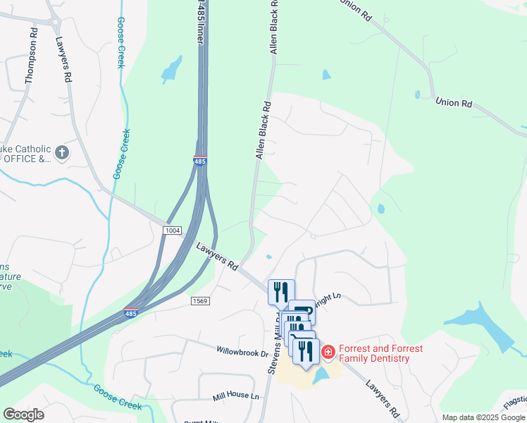 map of restaurants, bars, coffee shops, grocery stores, and more near 5800 Allen Black Road in Charlotte