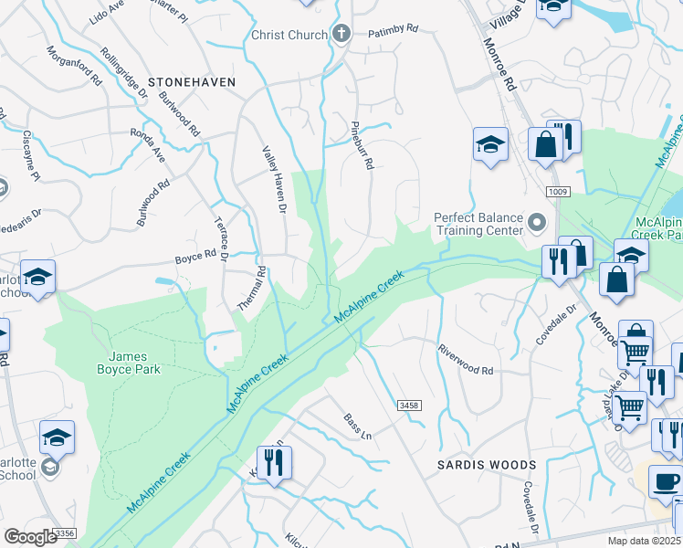 map of restaurants, bars, coffee shops, grocery stores, and more near 6607 Pineburr Road in Charlotte