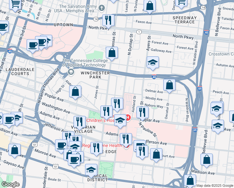 map of restaurants, bars, coffee shops, grocery stores, and more near 278 Leath Street in Memphis