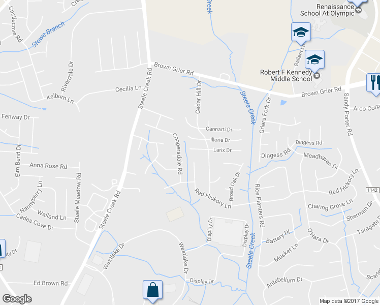 map of restaurants, bars, coffee shops, grocery stores, and more near 11410 Larix Drive in Charlotte