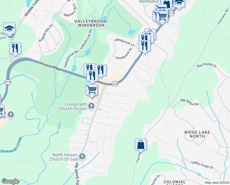 map of restaurants, bars, coffee shops, grocery stores, and more near 6011 Ridgeview Circle in Chattanooga