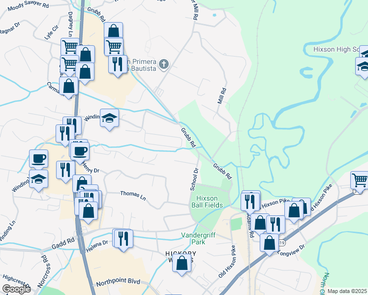 map of restaurants, bars, coffee shops, grocery stores, and more near 1511 Chase Meadows Circle in Chattanooga