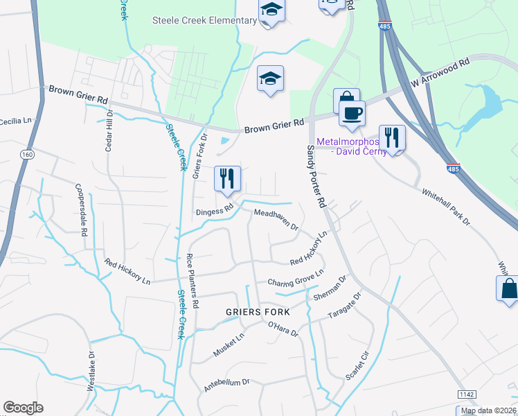 map of restaurants, bars, coffee shops, grocery stores, and more near 12011 Meadhaven Drive in Charlotte