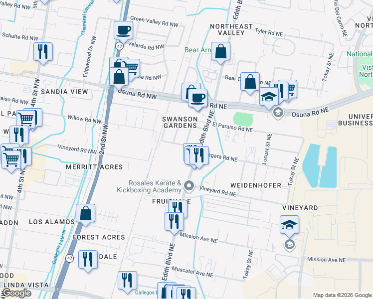 map of restaurants, bars, coffee shops, grocery stores, and more near 216 Mullen Road Northeast in Albuquerque
