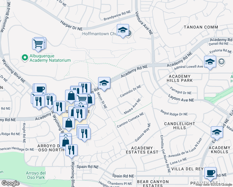 map of restaurants, bars, coffee shops, grocery stores, and more near 6104 Casa Feliz Northeast in Albuquerque
