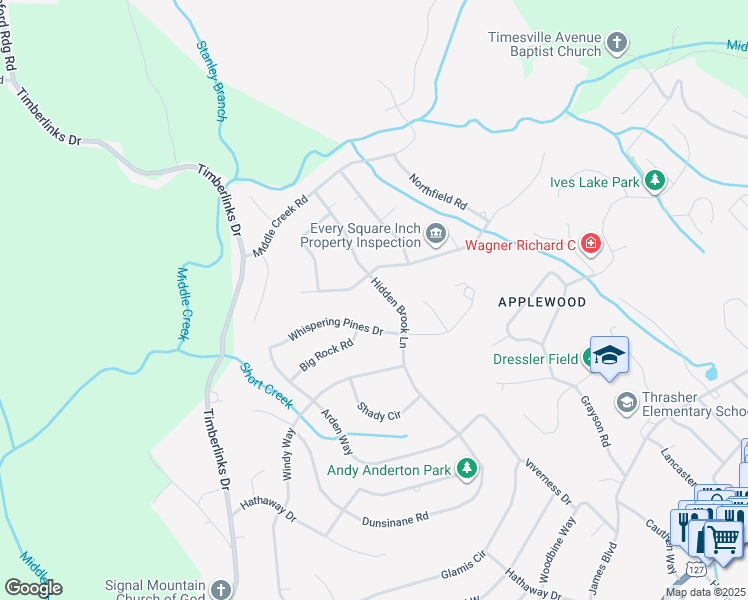 map of restaurants, bars, coffee shops, grocery stores, and more near 7 Whispering Pines Drive in Signal Mountain