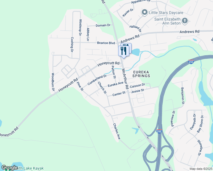 map of restaurants, bars, coffee shops, grocery stores, and more near 1592 Eureka Avenue in Fayetteville