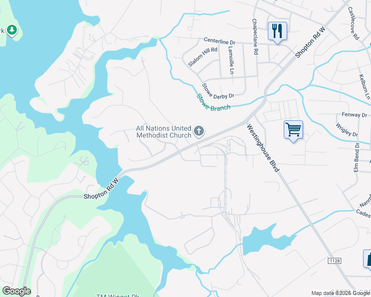 map of restaurants, bars, coffee shops, grocery stores, and more near Shopton Rd W & Withers Rd in Charlotte