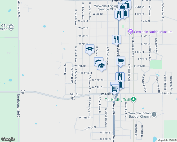 map of restaurants, bars, coffee shops, grocery stores, and more near 1028 South Hitchite Avenue in Wewoka