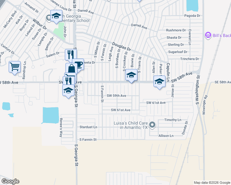 map of restaurants, bars, coffee shops, grocery stores, and more near 5812 South Bonham Street in Amarillo